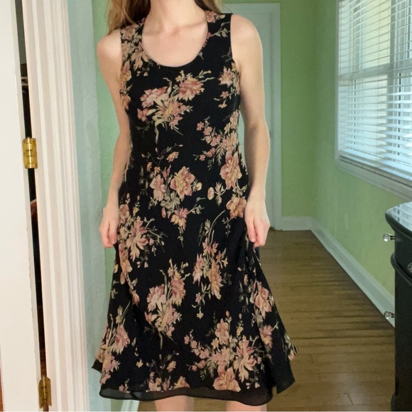 Vintage 100% Silk Casual Corner Black Floral Midi Dress Y2K Whimsigoth - Picture 10 of 11